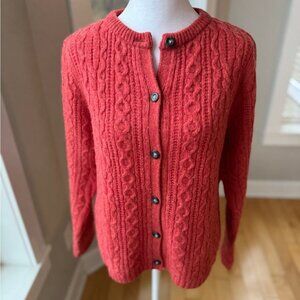 Vintage Field Gear Coral Red Shetland Wool Cable Knit Cardigan Sweater Sz Small